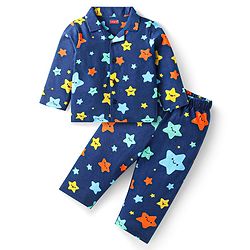 Babyhug Cotton Knit Full Sleeves Star Printed Night Suit - Navy Blue