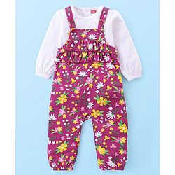 Babyhug Cotton Knit Full Sleeves Solid Colour Top with Floral Printed Dungaree - Mauve & White