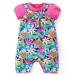 Babyhug Single Jersey Knit Puffed Sleeves Top & Dungaree Set Floral Print - Pink & Green