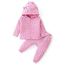 Babyhug Quilted Cotton Full Sleeves Hooded Top & Lounge Pants Co-Ord Set With Hearts Print - Pink