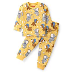 Babyhug Cotton Knit Full Sleeves Night Suit with Puppy & Elephant Print - Yellow