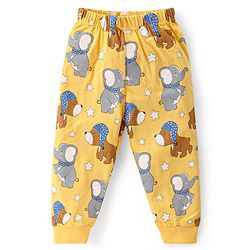 Babyhug Cotton Knit Full Sleeves Night Suit with Puppy & Elephant Print - Yellow