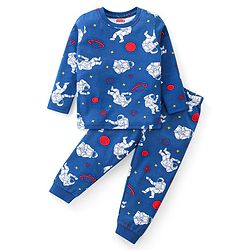 Babyhug Cotton Knit Full Sleeves Night Suit Astronut Print- Navy