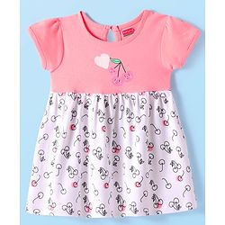 Babyhug Interlock Knit Half Sleeves Frock With Fruit Print - Pink