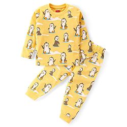 Babyhug Cotton Knit Full Sleeves Night Suit with Penguin Print - Yellow
