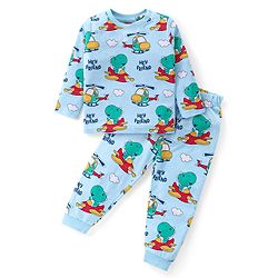 Babyhug Cotton Knit Full Sleeves Night Suit with Dino Print - Light Blue