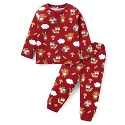 Babyhug Cotton Knit Full Sleeves Night Suit with Fox Print - Maroon