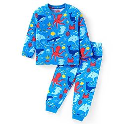 Babyhug Cotton Knit Full Sleeves Night Suit with Sea Life Print -Blue