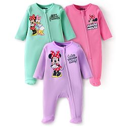 Babyhug Disney Interlock Knit Full Sleeves Footed Sleep Suits With Minnie & Friends Graphics Pack of 3 - Purple Pink & Green