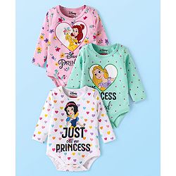 Babyhug Disney Interlock Knit Full Sleeves Onesies with Disney Princess Graphics Pack of 3 - Mint Green White & Pink
