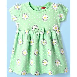 Babyhug Interlock Knit Half Puffed Sleeves Floral Printed Frock with Bow Applique - Light Green