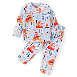 Babyhug Cotton Knit Full Sleeves Night Suit with Bear Print - White