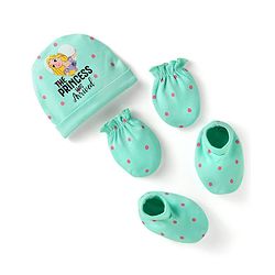 Babyhug Disney Girls Caps Mittens & Booties Set with Rapunzel Graphic - Turquoise