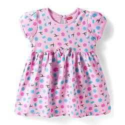 Babyhug Interlock Knit Half Sleeves Frock With Floral Print & Bow Applique - Pink