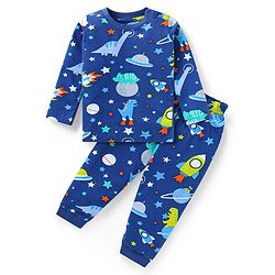 Babyhug Cotton Knit Full Sleeves Night Suit With Dino & Space Theme Print - Navy
