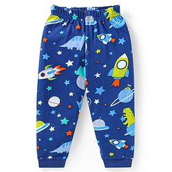 Babyhug Cotton Knit Full Sleeves Night Suit With Dino & Space Theme Print - Navy