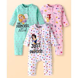 Babyhug Disney Interlock Knit Full Sleeves Rompers with Disney Princess Graphics Pack of 3 - Mint Green Pink & White