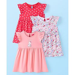 Babyhug Sinker Knit Frill Sleeves Frocks With Hearts & Floral Print Pack Of 3 - Red White & Light Pink