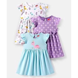 Babyhug Sinker Knit Frill Sleeves Frock with Floral & Dino Print Pack of 3 - Light Blue Lavender & White