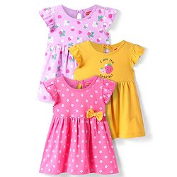 Babyhug Sinker Knit Frill Sleeves Frocks with Floral Print & Bow Applique Pack of 3 - Pink & Yellow