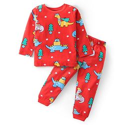 Babyhug Cotton Knit Full Sleeves Night Suit Dino Print- Red