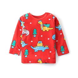 Babyhug Cotton Knit Full Sleeves Night Suit Dino Print- Red