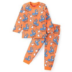 Babyhug Cotton Knit Full Sleeves Night Suit JCB Print - Orange