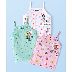 Babyhug Disney Cotton Lycra Knit Singlet Sleeves Slips with Disney Princess Graphic  Pack Of 3 - White Pink Light Blue