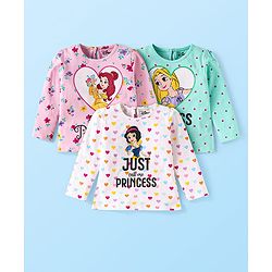 Babyhug Disney Single Jersey Knit Full Sleeves Tops with Disney Princes Graphics Pack of 3 - Pink Light Green & White