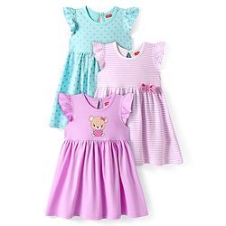 Babyhug Sinker Knit Frill Sleeves Striped Heart & Bear Printed Frocks with  Bow Applique  Pack of 3 - Lilac Blue & Pink