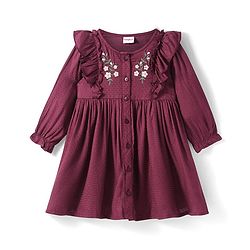 Babyhug Knit Full Peasant Sleeves Frock With Floral Embroidery & Frill Detailing - Maroon
