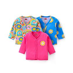 Babyhug 100% Cotton Knit Full Sleeves  Front Open Jhablas with Floral & Stamp Print Pack of 3 - Red & Blue