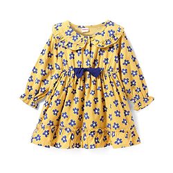 Babyhug Viscose Woven Full Sleeves Floral Printed Frock with Peter Pan Collar & Bow Detailing - Yellow