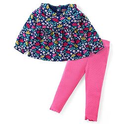 Babyhug Cotton Knit Full Sleeves Peter Pan Collared Floral Printed Top & Leggings Set - Navy & Pink