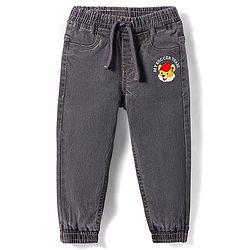 Babyhug Denim Washed Full Length Joggers With Stretch & Cub Face Print - Grey