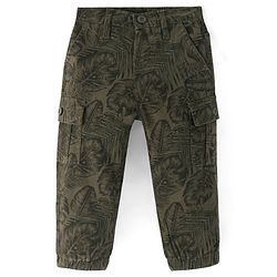 Babyhug Twill Lycra Full Length Leaves Printed Joggers with Stretch & Cargo Pockets - Dark Green