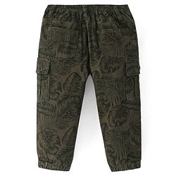 Babyhug Twill Lycra Full Length Leaves Printed Joggers with Stretch & Cargo Pockets - Dark Green