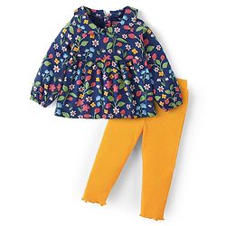 Babyhug Cotton Knit Full Sleeves Peter Pan Collared Floral Printed Top & Leggings Set - Multicolor