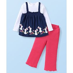 Babyhug Single Jersey Full Sleeves T-Shirt with Bunny Printed Top & Lounge Pant- Navy & Dark Pink