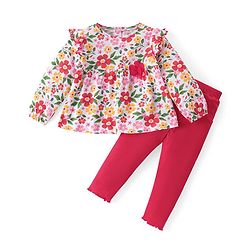 Babyhug Cotton Knit Full Sleeves Floral Printed Frill Detailed Top & Leggings Set - Red & White