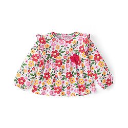 Babyhug Cotton Knit Full Sleeves Floral Printed Frill Detailed Top & Leggings Set - Red & White