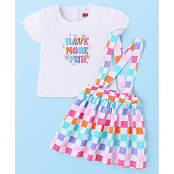 Babyhug Cotton Knit Half Sleeves Text Printed Top & Checkered Skirt With Suspender - Multicolor