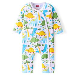 Babyhug 100% Cotton Knit Full Sleeves Romper with Dino Print Pack of 2 - Blue & White