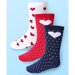 Cute Walk by Babyhug Cotton Lycra Knit Anti-bacterial Socks  with Polka Dots & Heart Design Pack of 3 - Red Navy Blue & White