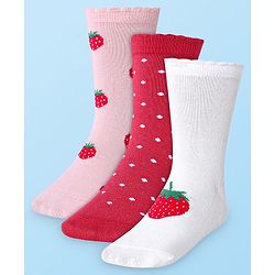 Cute Walk by Babyhug Cotton Lycra Knit Anti-bacterial Socks Polka Dots & Strawberry Design Pack of 3 - Pink White & Red