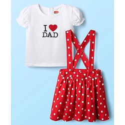 Babyhug Cotton Knit Cap Sleeves Text Printed Top & Polka Dots Skirt With Suspender - White & Red