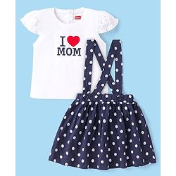 Babyhug Cotton Knit Cap Sleeves Top & Polka Dots Printed Skirt With Suspender - Navy & White