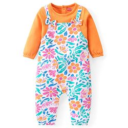 Babyhug 100% Cotton Full Sleeves Romper with Inner Top Floral Print - Orange