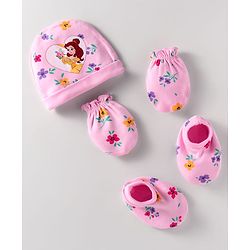 Babyhug Disney Cotton Knit Caps Mittens & Booties Set with Disney Princess Graphic - Pink