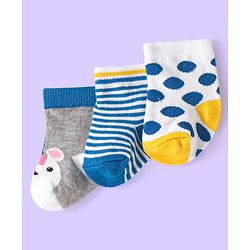 Cute Walk by Babyhug Knit Ankle Length Antibacterial Socks with Bear Design & Stripes Pack of 3 - White & Grey